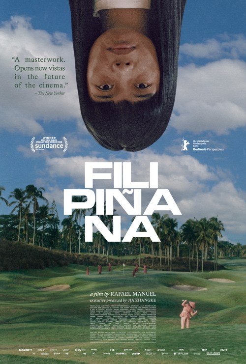 Filipiñana theatrical poster: an upside-down portrait above a golf course, with the film title in white.